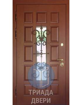 одностворчатая дверь с ковкой и стеклом для загородного дома